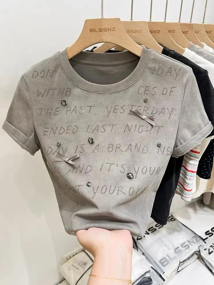 Women's T Shirts Fashion Versatile Casual Heavy Industry Diamond Letter Short Sleeve T-Shirt 2024 Summer Slim-fit Crew Neck Top
