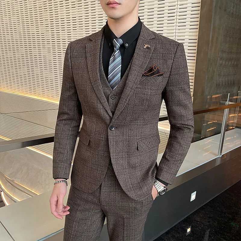 3-Piece Mens Suit Business Casual Jacket Vest with Trousers Gray Dark Brown Slim Fit Suit Asian Size M-5XL X250704