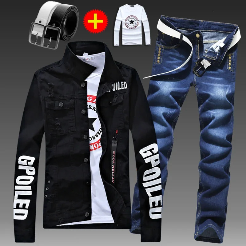 Mens slim fit denim jacket 2-piece set long sleeved Coats letter printed casual plus size black and white mens Trouser 241022 - view 6