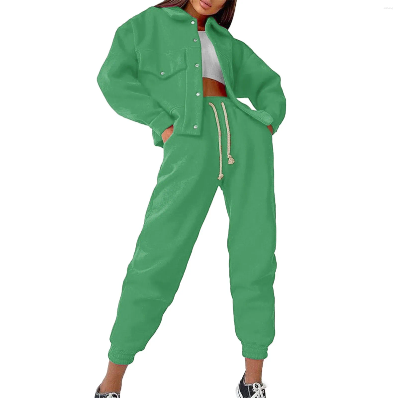 Womens Two Piece Pants Autumn And Winter Solid Color Top Long Set Women Jacket Casual Sleeved Hoodie Cloth Two-Piece