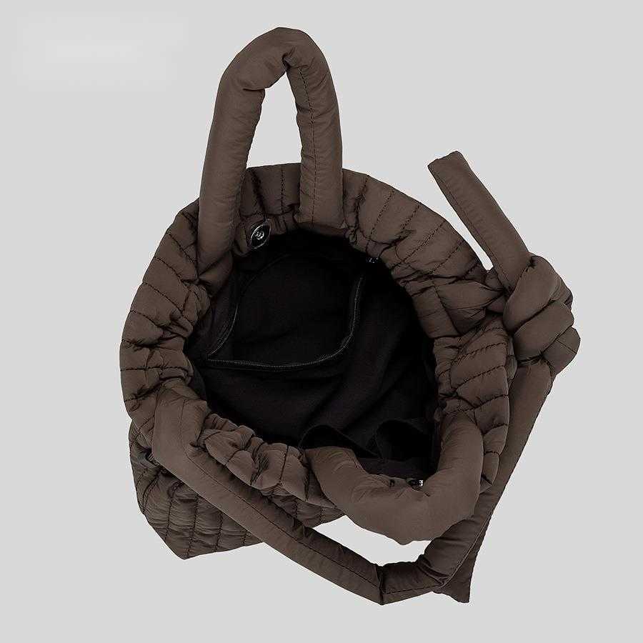 CMM Autumn Winter Fluffy Drawstring Shoulder Bag Nylon Cloth Clip Cotton Folded Cloud Bag Striped Large Capacity Tote Bag Women 241015