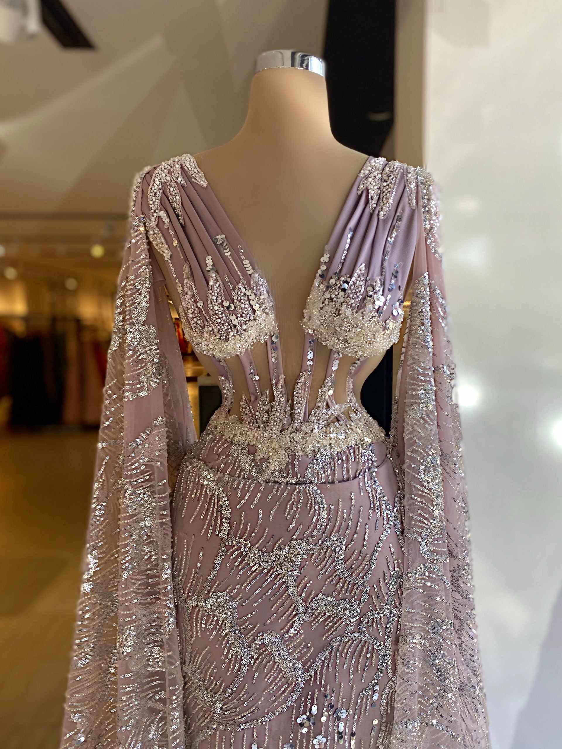 Fashion Sequins Evening Beading V Neck Pearls Prom Gowns Mermaid Long Sleeves Custom Made Sweep Train Party Dresses Vestidos De Noche 0220