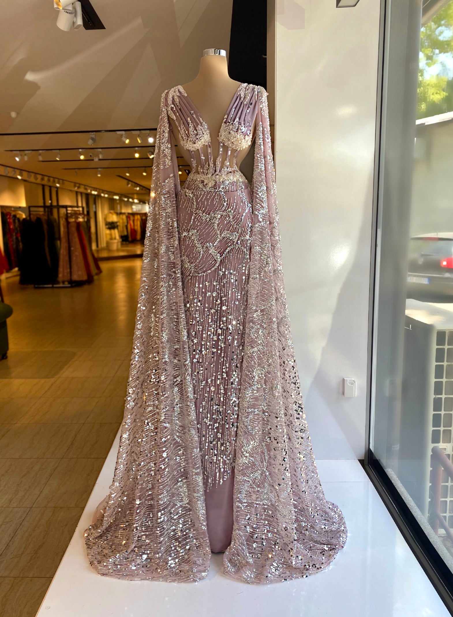 Fashion Sequins Evening Beading V Neck Pearls Prom Gowns Mermaid Long Sleeves Custom Made Sweep Train Party Dresses Vestidos De Noche 0220