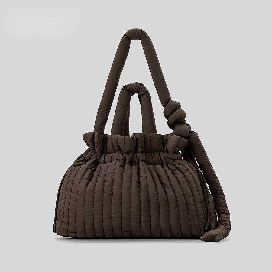 CMM Autumn Winter Fluffy Drawstring Shoulder Bag Nylon Cloth Clip Cotton Folded Cloud Bag Striped Large Capacity Tote Bag Women 241015