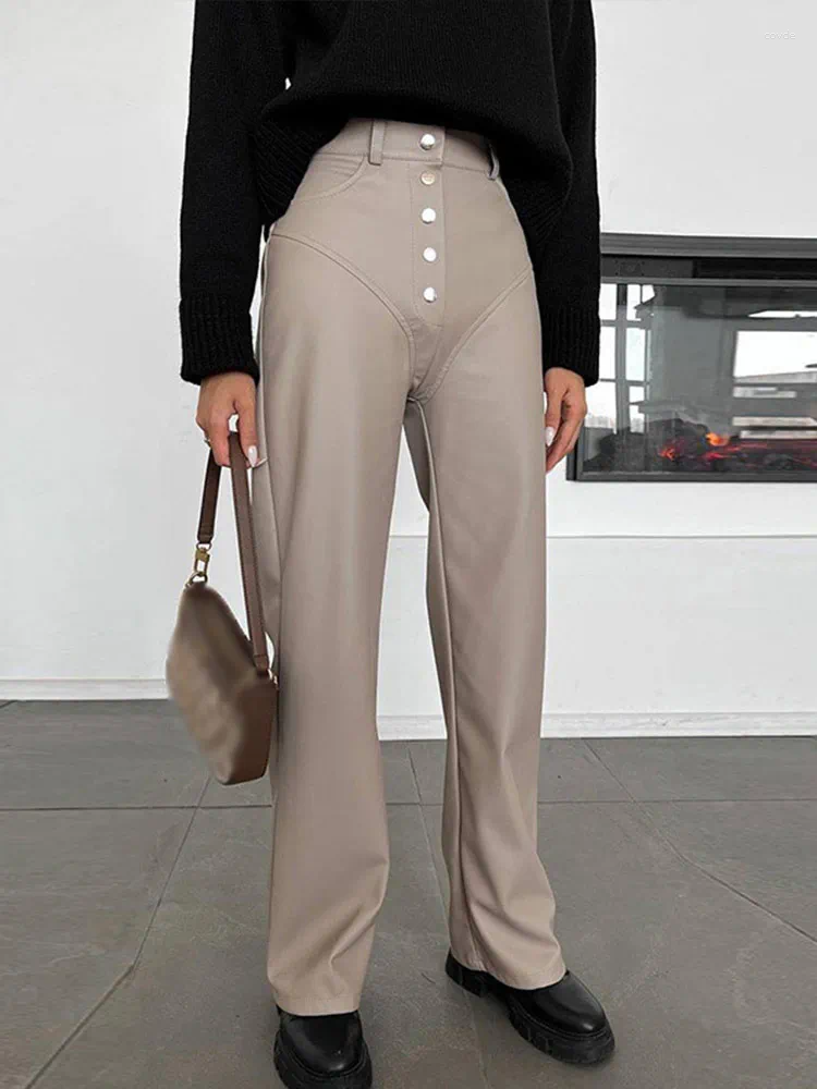 Women's Pants Casual Loose Leather Women High Waist Wide Legs Solid Pocket Pu Trousers Female Autumn Straight Belt Streetwears Lady