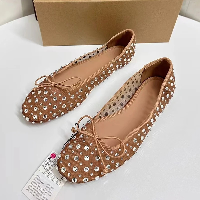 Metal Dots Breathable Mesh Boat Shoe Sandal Round Head Shallow Mouth Flat Shoes Summer Bow Knoit Flated For Woman 241028