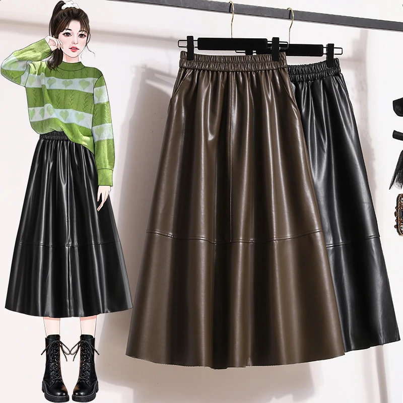 Fashionable black elegant Pu leather pleated long skirt for women brown elegant high waisted plus size A-line party dress for women style 241021 - view 5
