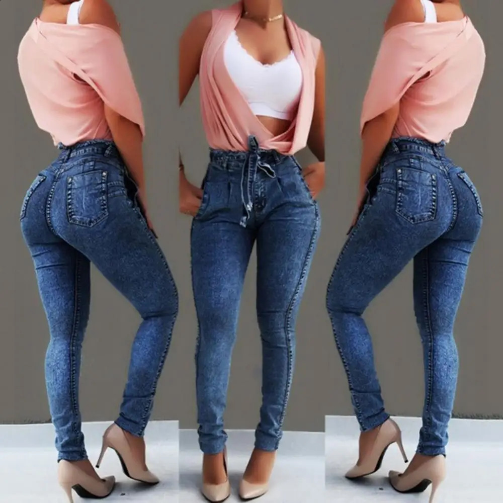 Plus Size Jeans Woman Belted High Waist Skinny Denim Jeans Pants for Women Sexy Denim Pencil Pants Trouser Jeans 241021