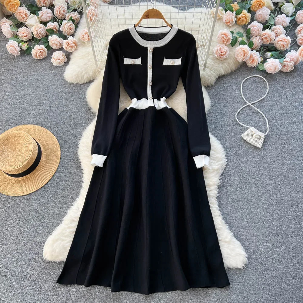 Womens long knitted red sweater autumn and winter knitted pleated dress thick Christmas floral party dress Vestidos 241021