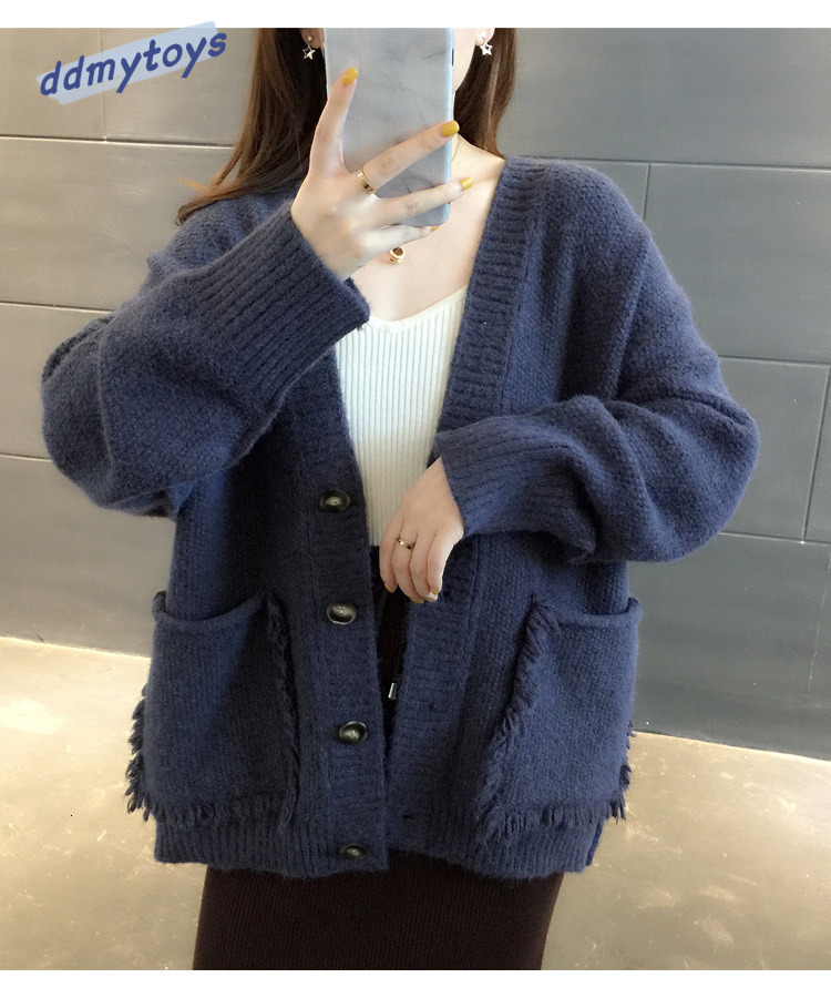 Ddmytoys Autumn New Large Pocket V Neck Japanese Korean College Style Solid Color Loose And Versatile Knitted Cardigan Sweater Jacket F1023#38