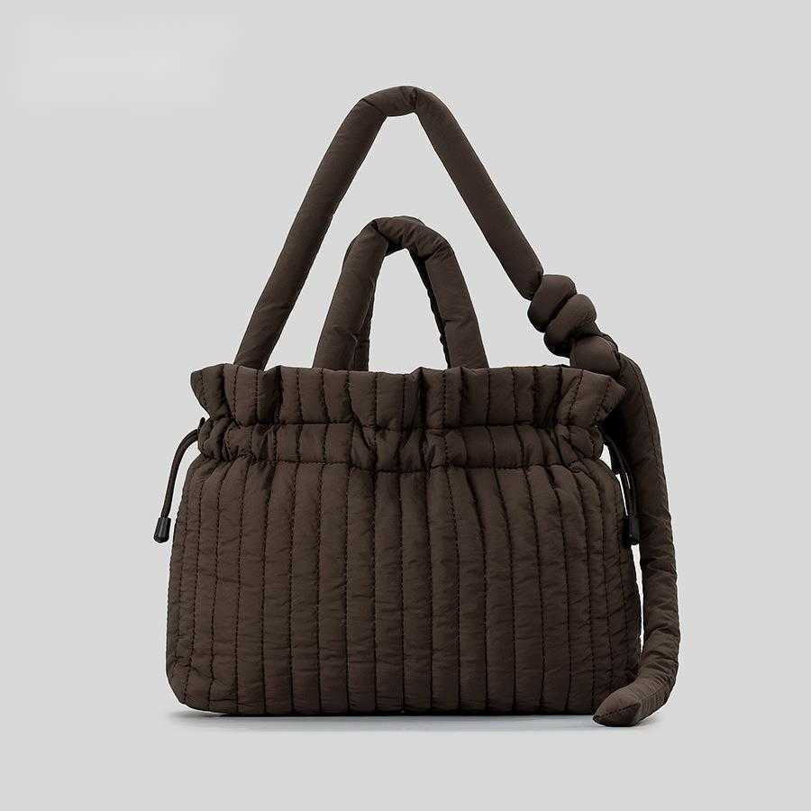CMM Autumn Winter Fluffy Drawstring Shoulder Bag Nylon Cloth Clip Cotton Folded Cloud Bag Striped Large Capacity Tote Bag Women 241015