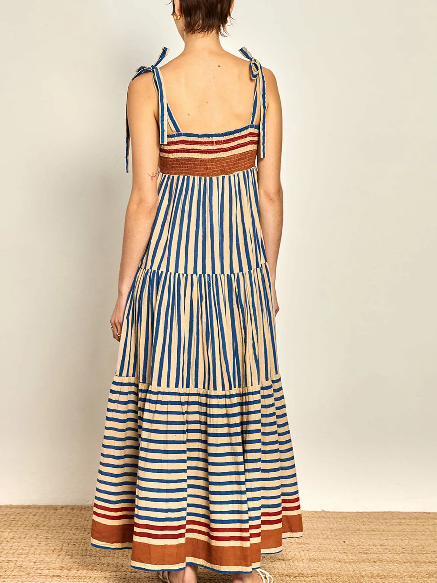 Women Maxi Dresses Summer Casual Sleeveless Open Back Low Cut Flowy Stripe Shrimp Print Dresses 90s Vintage Long Cami Dress 241021