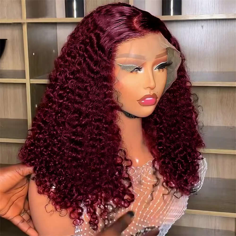 Red Bob 99J Bury Front 13x4 Curly Wigs Lace Human Hair Colored Deep Wave Frontal Wig