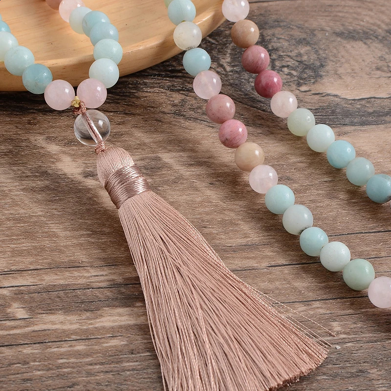 8mm natural ruby and rose quartz tassel necklace with 108 beads Japanese Mara womens jewelry meditation yoga set 241021