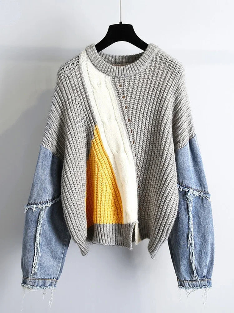 Fashion Hiphop Denim Stitching Sweater Womens Autumn And Winter n Sense Loose Lazy Retro Pullover 241021