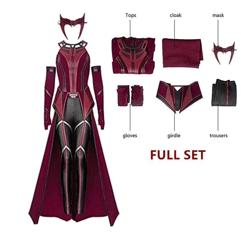 Scarlet Cosplay Witch Maximoff Wanda Vision Costume Headwear Cloak and Pants Full Set Outfit Halloween Accessories Props 241022