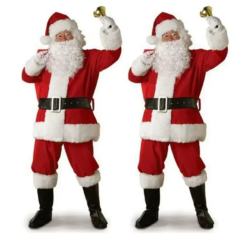 Red Deluxe Velvet Fancy Full Set Xmas Party Man Childrens Family Costume Santa Claus Year Suit Adult Christmas 241022