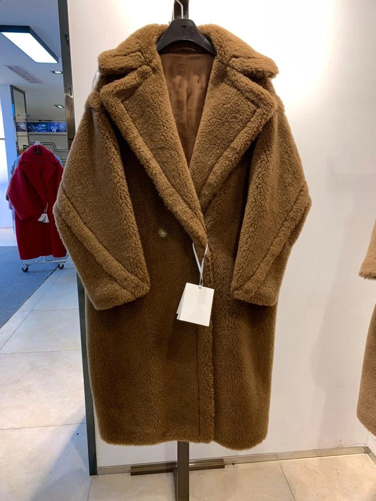 Real Fur Long Coat Winter Jacket Women 100% Wool Woven Fabric Thick Warm Loose Outerwear Oversize Streetwear Teddy 241021