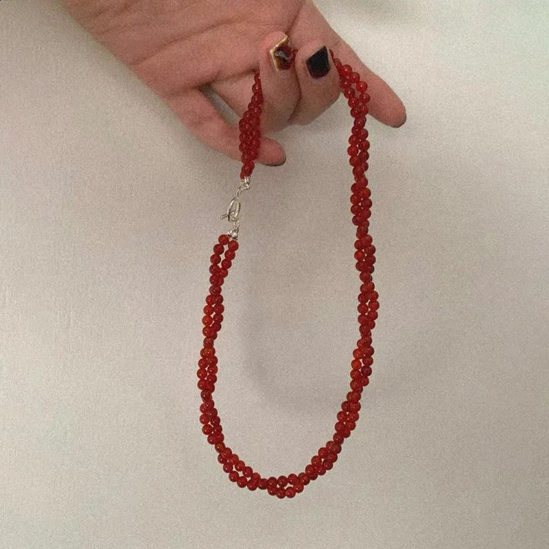 Minar handmade red agate natural stone twisted rope chain double-layer bead necklace womens silver switch buckle necklace 241021