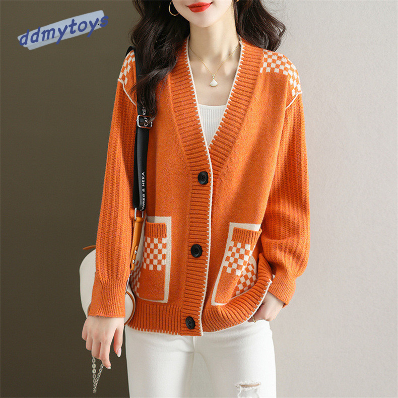 Ddmytoys Splicing Grid Knitted Cardigan For Autumn And Winter New V Neck Sweater Jacket Korean Version Women S Loose Fashion F1023#40