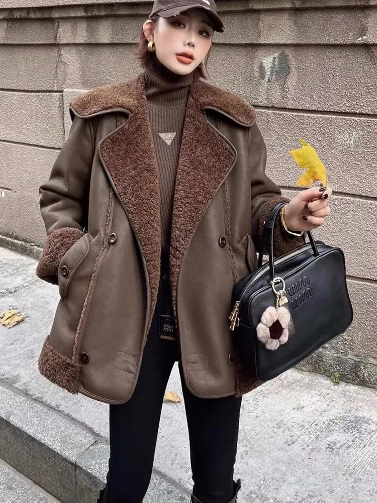 womens fashionable fur coat for winter 2024 featuring a large lapel navy blue collar aged thick long sleeves and a warm jacket 241021