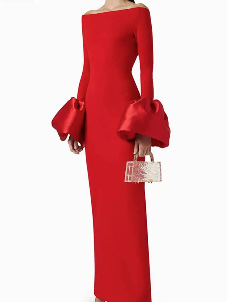 Off Shoulder Long Dresses Flower Bud Cuff Slim Fit Elegant Women Dress Long Sleeved Slimming Fashion Party Evening Robes Summer 241021