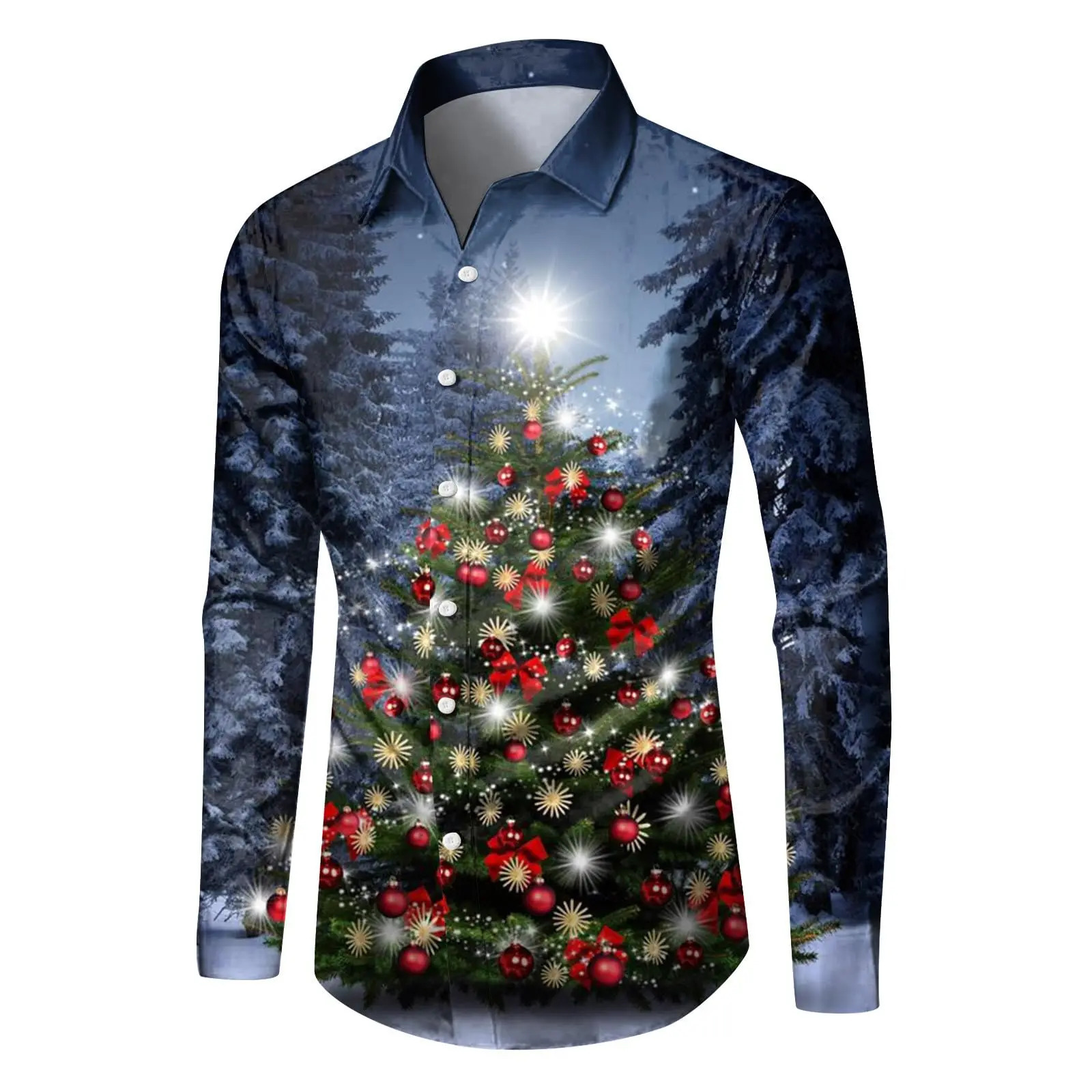 Mens 3D Christmas Bell Fashion Print Single Breasted Long Sleeve Shirt Casual Loose Lapel 241022