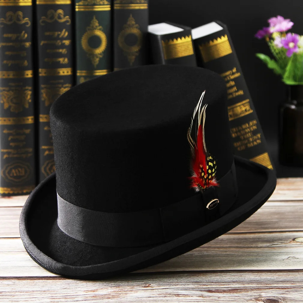 Mens Hat 100% Wool Presidential Hat Neutral Top Display Mens Bowling Hat Black Red Magic Hat Fashion DIY Feather Accessories 241021