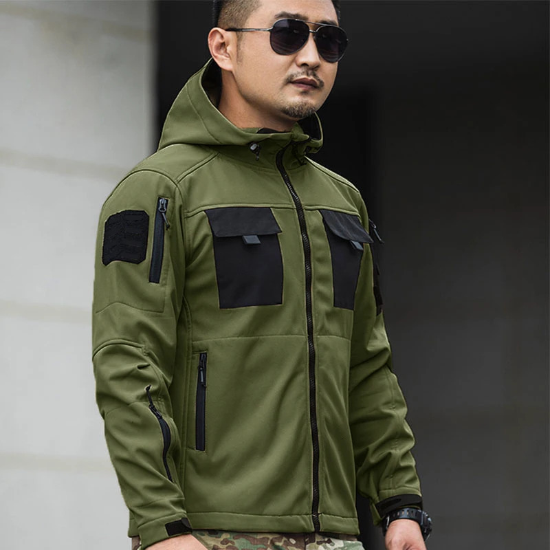 Outdoor tactical suit mens military multi pocket hooded work jacketwindproof and waterproof wool cargo pants winter shark skin set 241022
