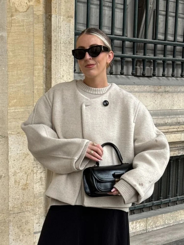 Elegant Womens Woolen Coat One Button Oneck Loose Short Casual Thicken Warm Outwear Autumn Long Sleeve Chic Jacket Tops 241021