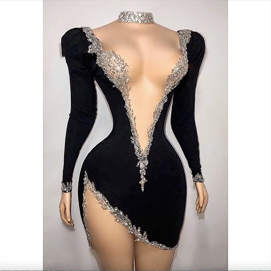 Elegant Black Satin Nye Prom Dresses With Long Sleeve Beaded Sequins Plus Size New Year Celebrity Cocktail Party Evening Gowns
