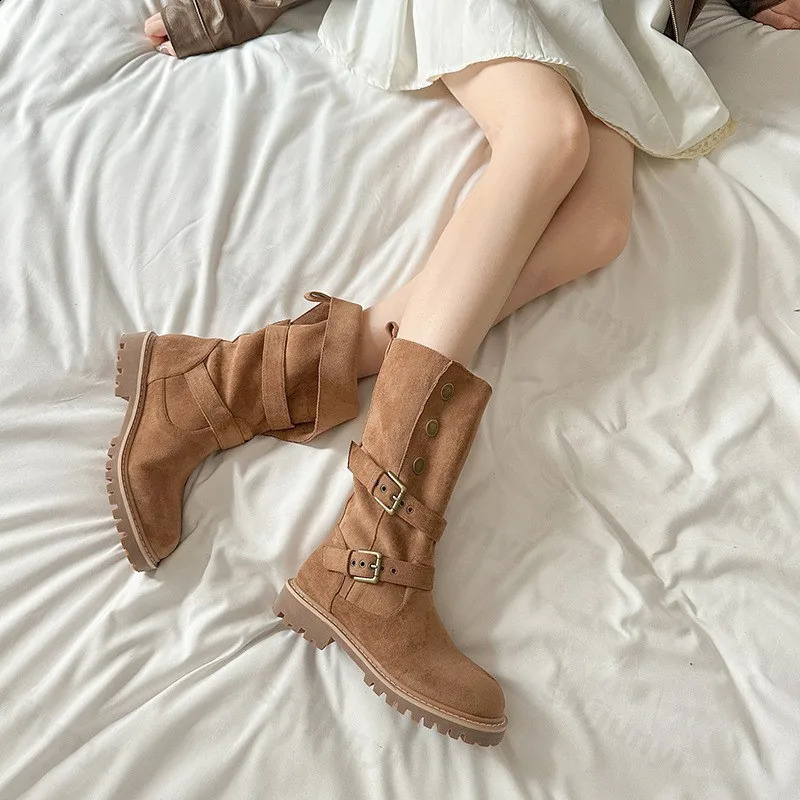 Fashion Buckle Women Suede Leather Handmade Round Toe Spike Heel Boots Autumn Winter Western Mid-Calf Booties 241021
