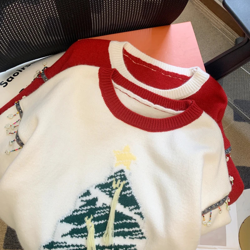 Christma Tree Knitted Sweater Pullover Womens Fashion Loose Casual Womens Top Winter Long Sleeve O-neck Knitted Jumper 241021