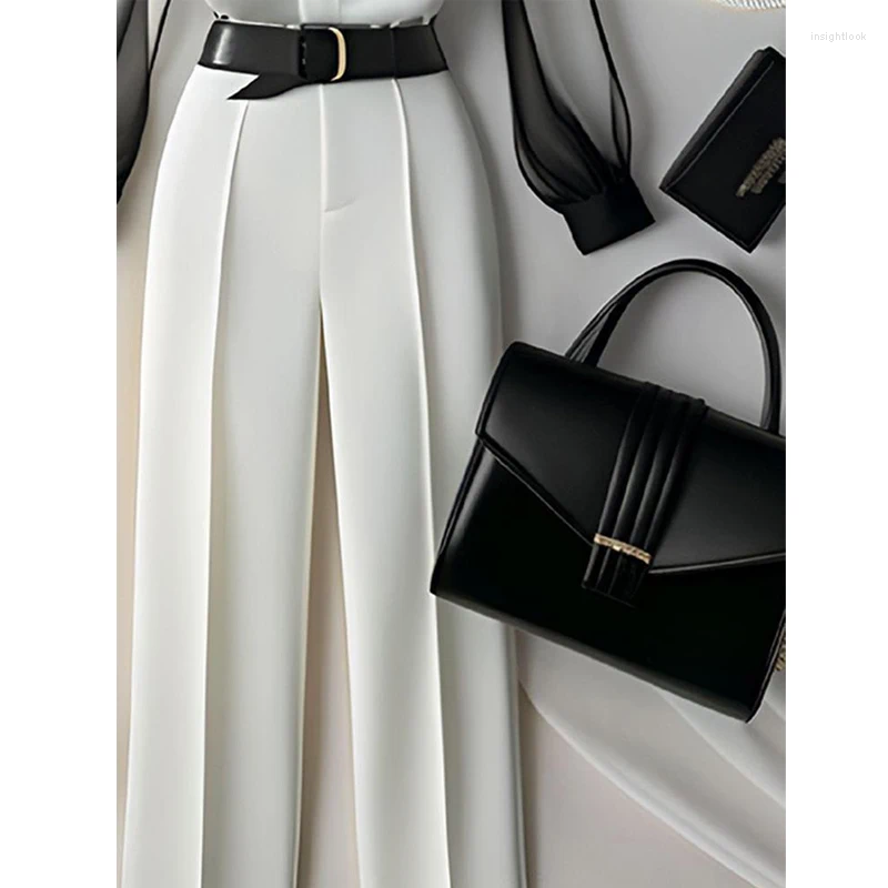 Women's Two Piece Pants 2 Sets Women Korean Fashion Contrast Color Shirt Office Lady Elegant Business Casual Blouse High Waist Straight Suit