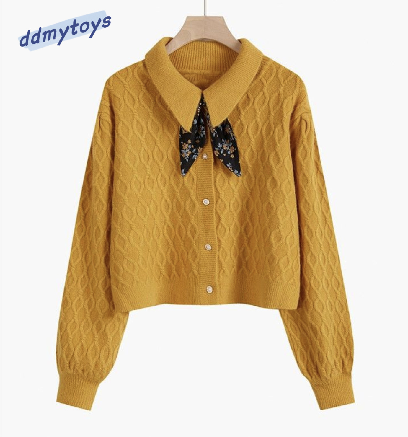 Ddmytoys Sweet Lingge Fried Dough Twists Sweater Cardigan Women S Loose Outwear Tie Button Doll Collar Short Knitted Coat Women F1023#38