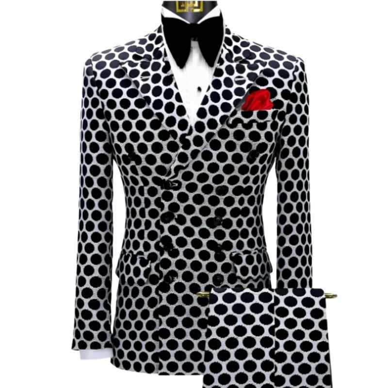 Mens Blazer Suits 2Pcs/Set Polka Dot Print Double Breasted Blazer Pant 2Pcs Set Suit Business Occasion Suits Daily Wear LX241022