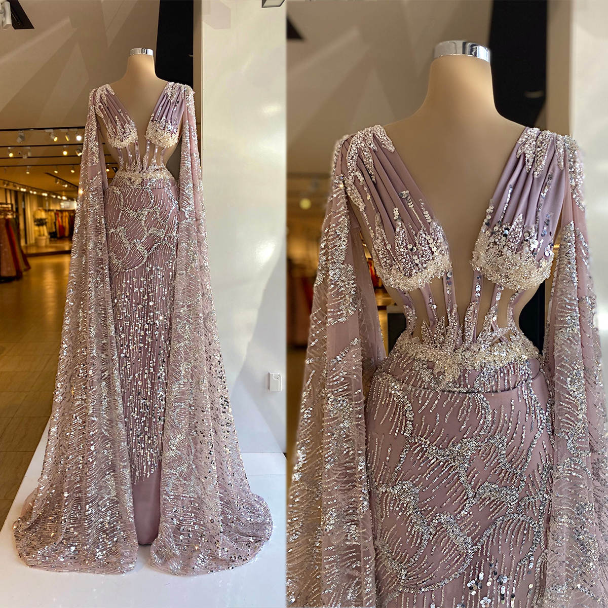 Fashion Sequins Evening Beading V Neck Pearls Prom Gowns Mermaid Long Sleeves Custom Made Sweep Train Party Dresses Vestidos De Noche 0220
