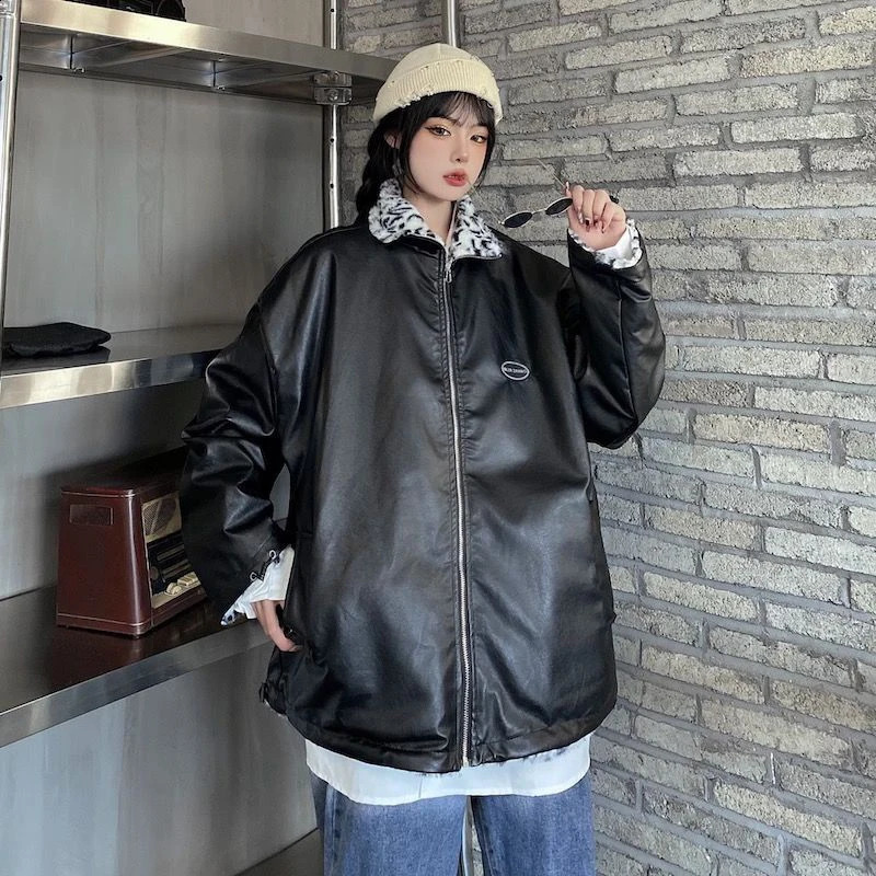 Autumn Pu leopard print jacket womens winter fashion double-sided stand up collar warm jacket Y2K loose streetwear Korean style jacket 241021