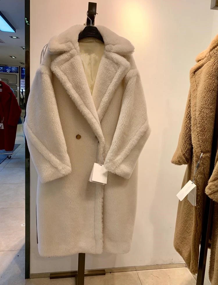 Real Fur Long Coat Winter Jacket Women 100% Wool Woven Fabric Thick Warm Loose Outerwear Oversize Streetwear Teddy 241021