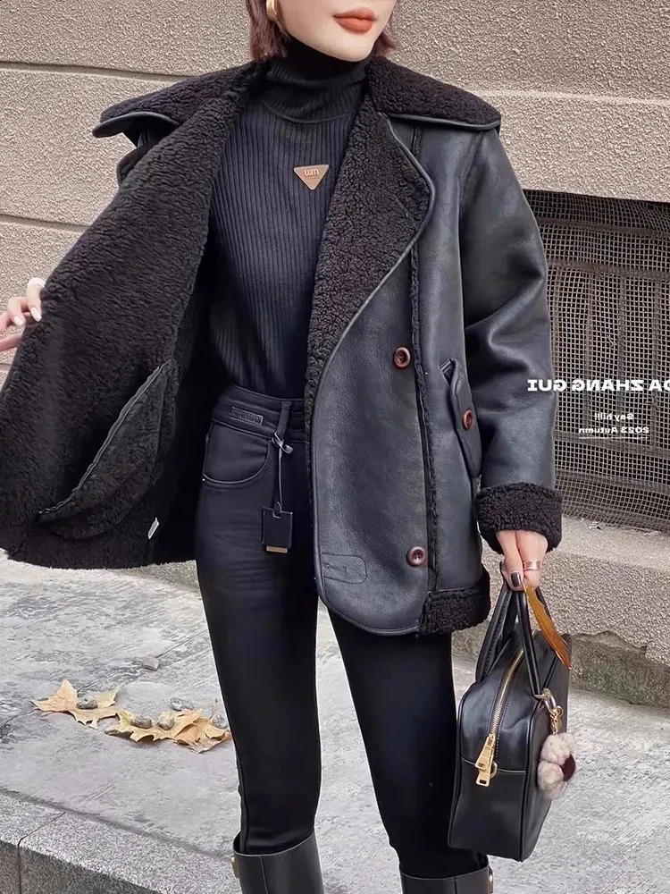 womens fashionable fur coat for winter 2024 featuring a large lapel navy blue collar aged thick long sleeves and a warm jacket 241021