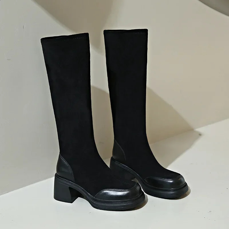 Fashion Knee High Women Chunky Heels Punk Long Boots Patchwork Ladies Shoes Thick Bottom Platform Botas 241021