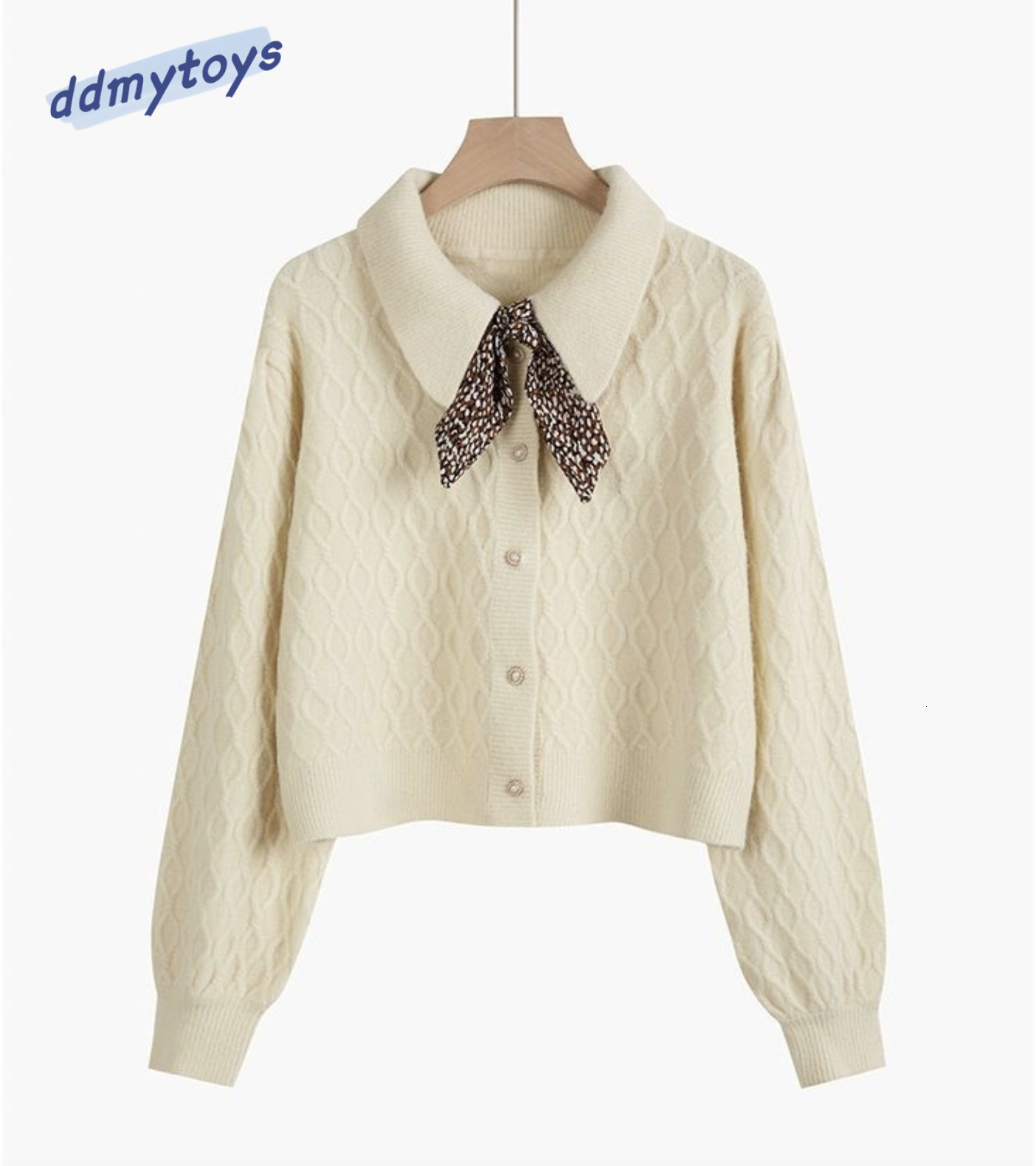 Ddmytoys Sweet Lingge Fried Dough Twists Sweater Cardigan Women S Loose Outwear Tie Button Doll Collar Short Knitted Coat Women F1023#38