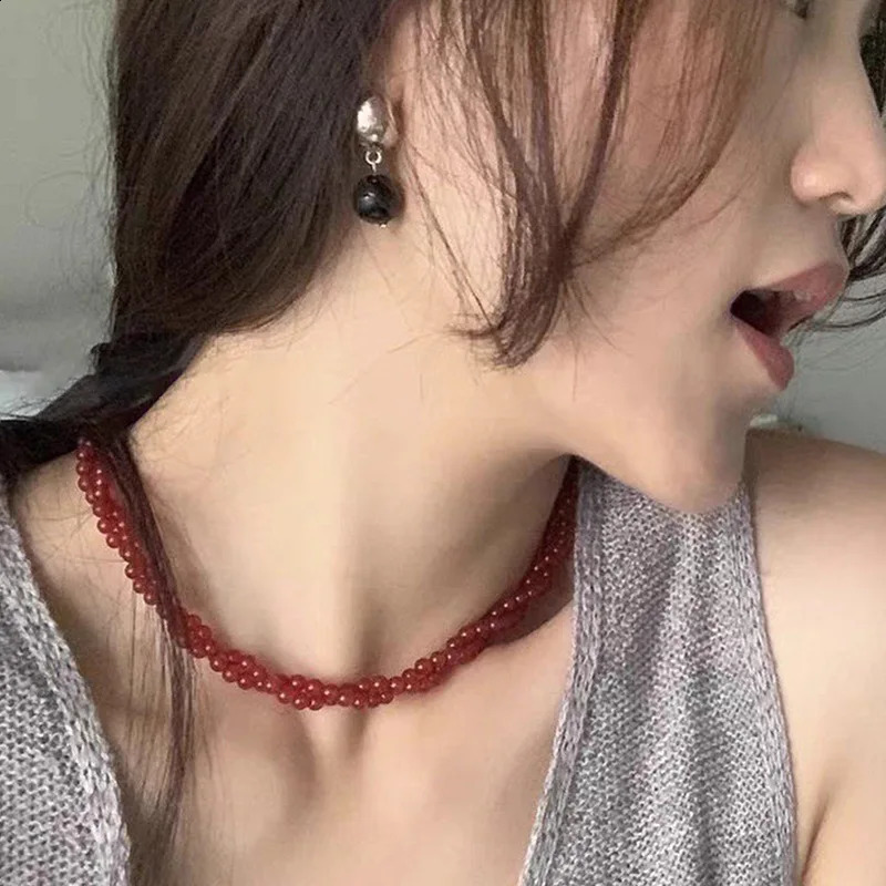 Minar handmade red agate natural stone twisted rope chain double-layer bead necklace womens silver switch buckle necklace 241021