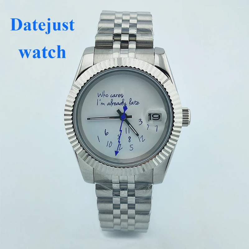 Wristwatches NH35 Watch Who Cares Im Already Late 36mm/39mm No Logo Blue Text Matte Dial Sapphire Crystal Glass Automatic Movement