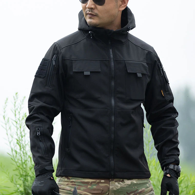 Outdoor tactical suit mens military multi pocket hooded work jacketwindproof and waterproof wool cargo pants winter shark skin set 241022