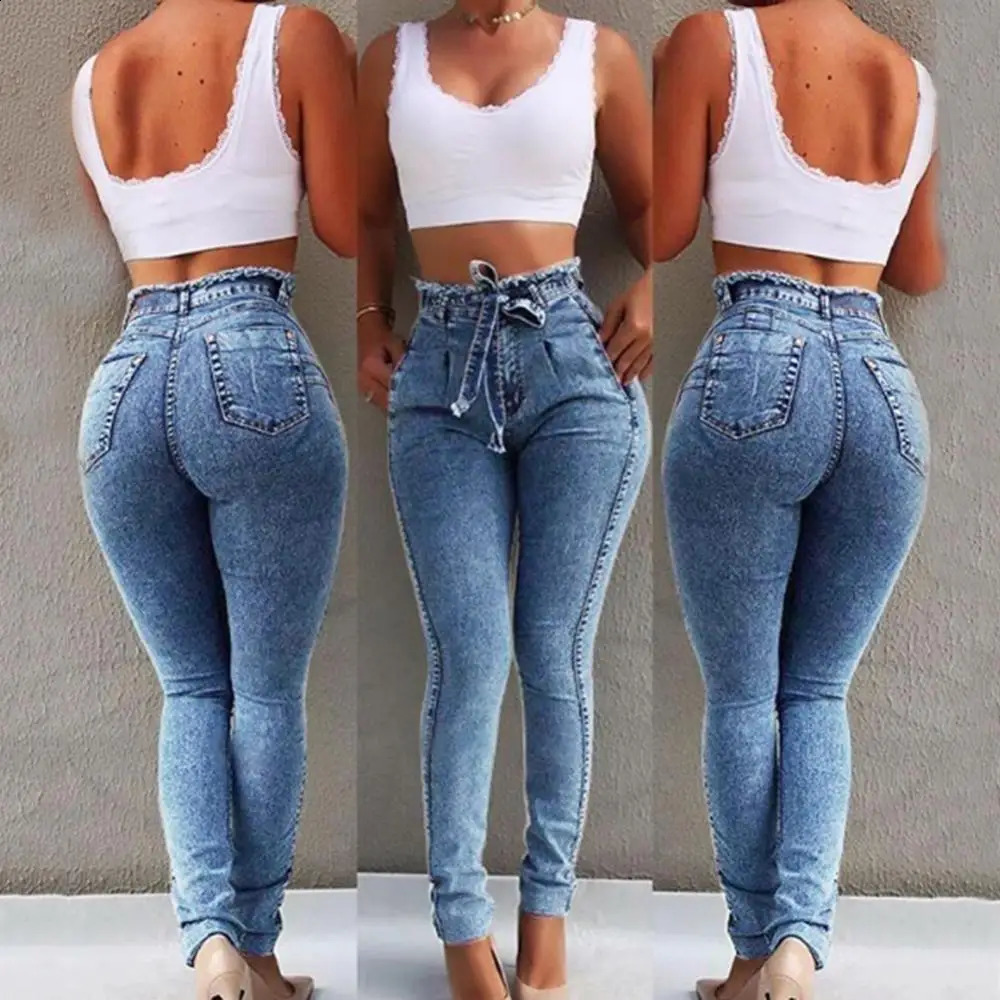 Plus Size Jeans Woman Belted High Waist Skinny Denim Jeans Pants for Women Sexy Denim Pencil Pants Trouser Jeans 241021