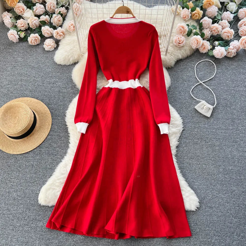 Womens long knitted red sweater autumn and winter knitted pleated dress thick Christmas floral party dress Vestidos 241021