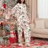 Fashion Womens Christmas Pajama Set Candy Vine Printed Long Sleeve Single Chest Shirt with Pants Pajama Casual Clothing Set 241021