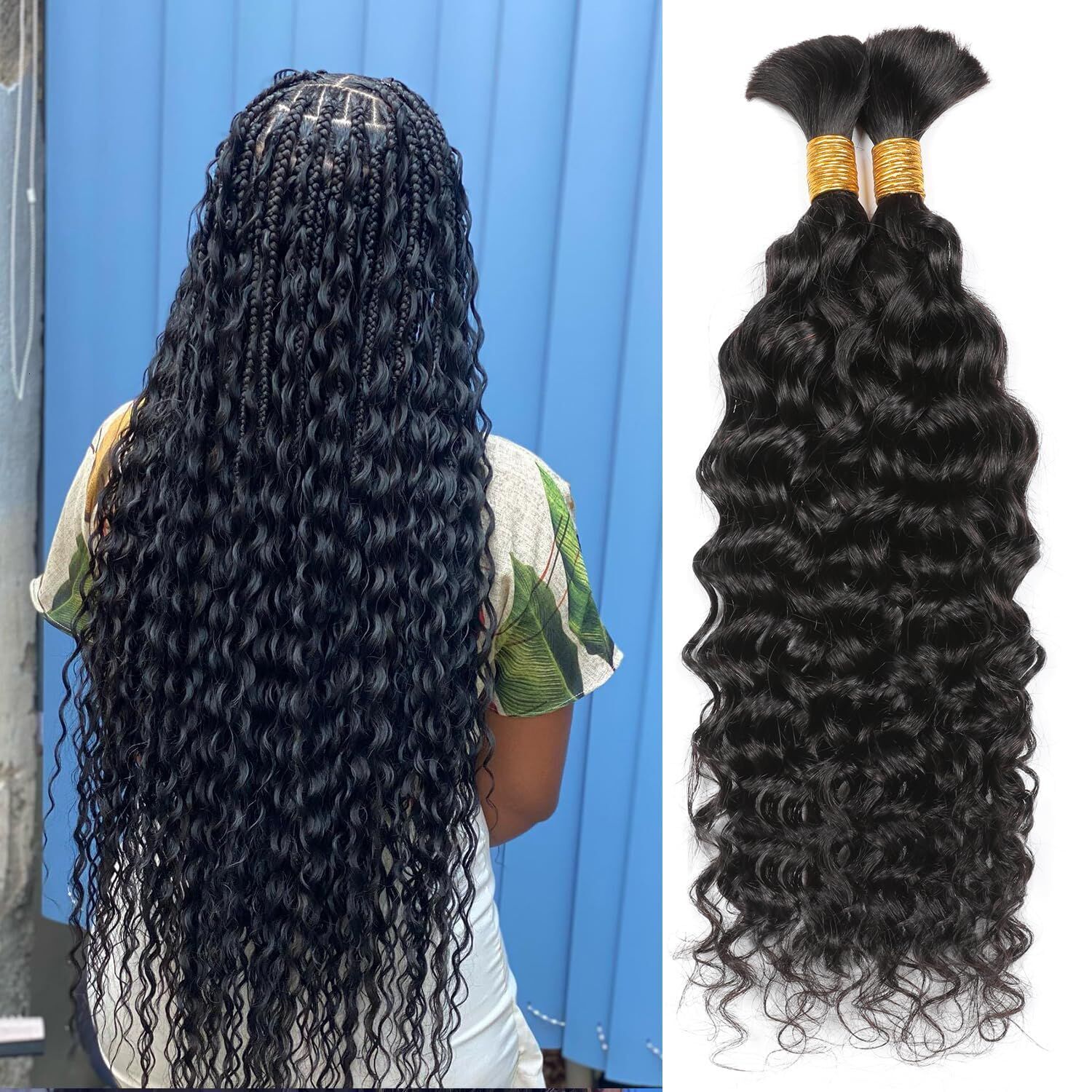 Deep Wave 100% Unprocessed No Weft 18 Inch Curly Bulk Human Hair For Braiding #1B