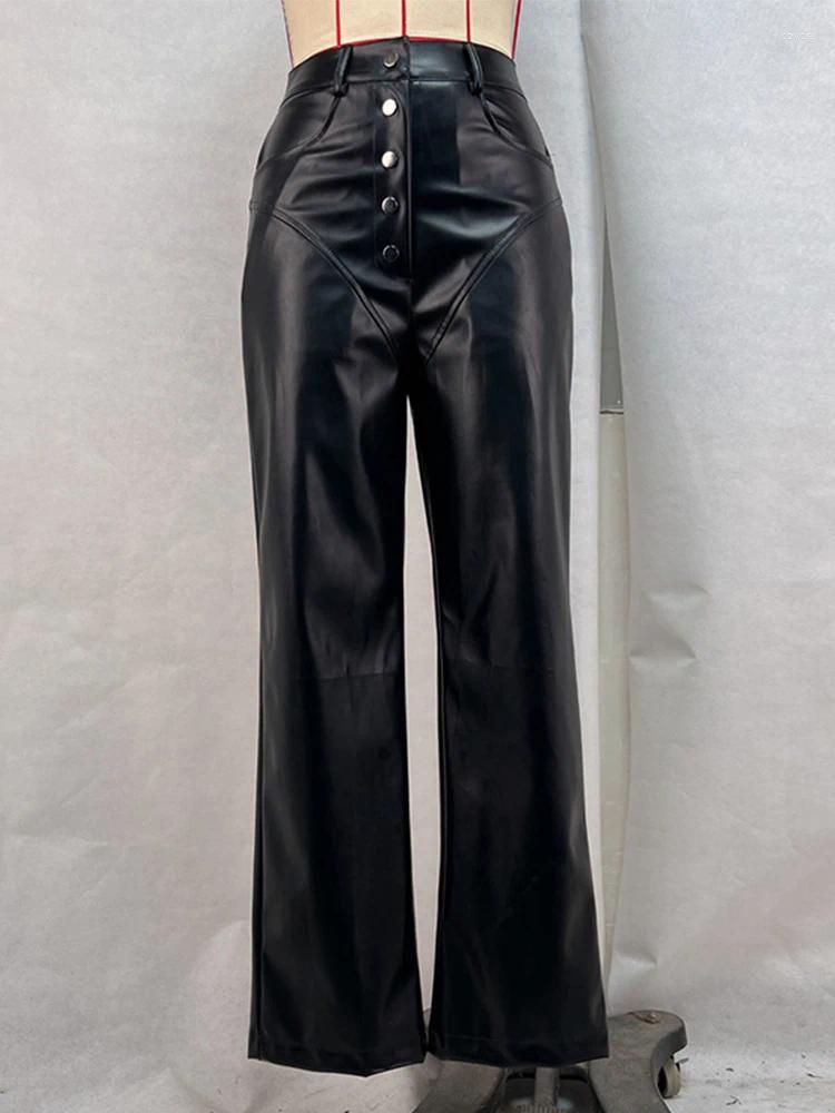 Women's Pants Casual Loose Leather Women High Waist Wide Legs Solid Pocket Pu Trousers Female Autumn Straight Belt Streetwears Lady